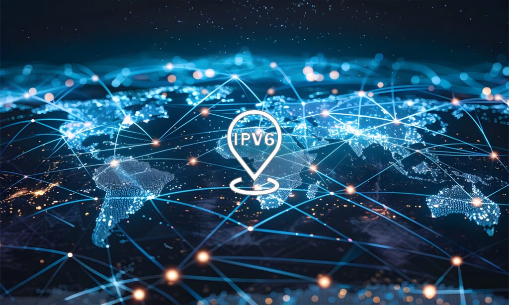 Illustration of a global network with interconnected points representing the internet, featuring an IPv6 location marker highlighting advanced communication protocol