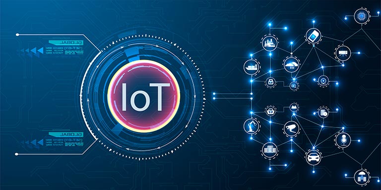 Digital graphic showing the interconnection of IoT devices in an industrial setting, with a central circle highlighting the IoT concept and multiple icons representing various connected devices such as cameras, cars, and appliances.